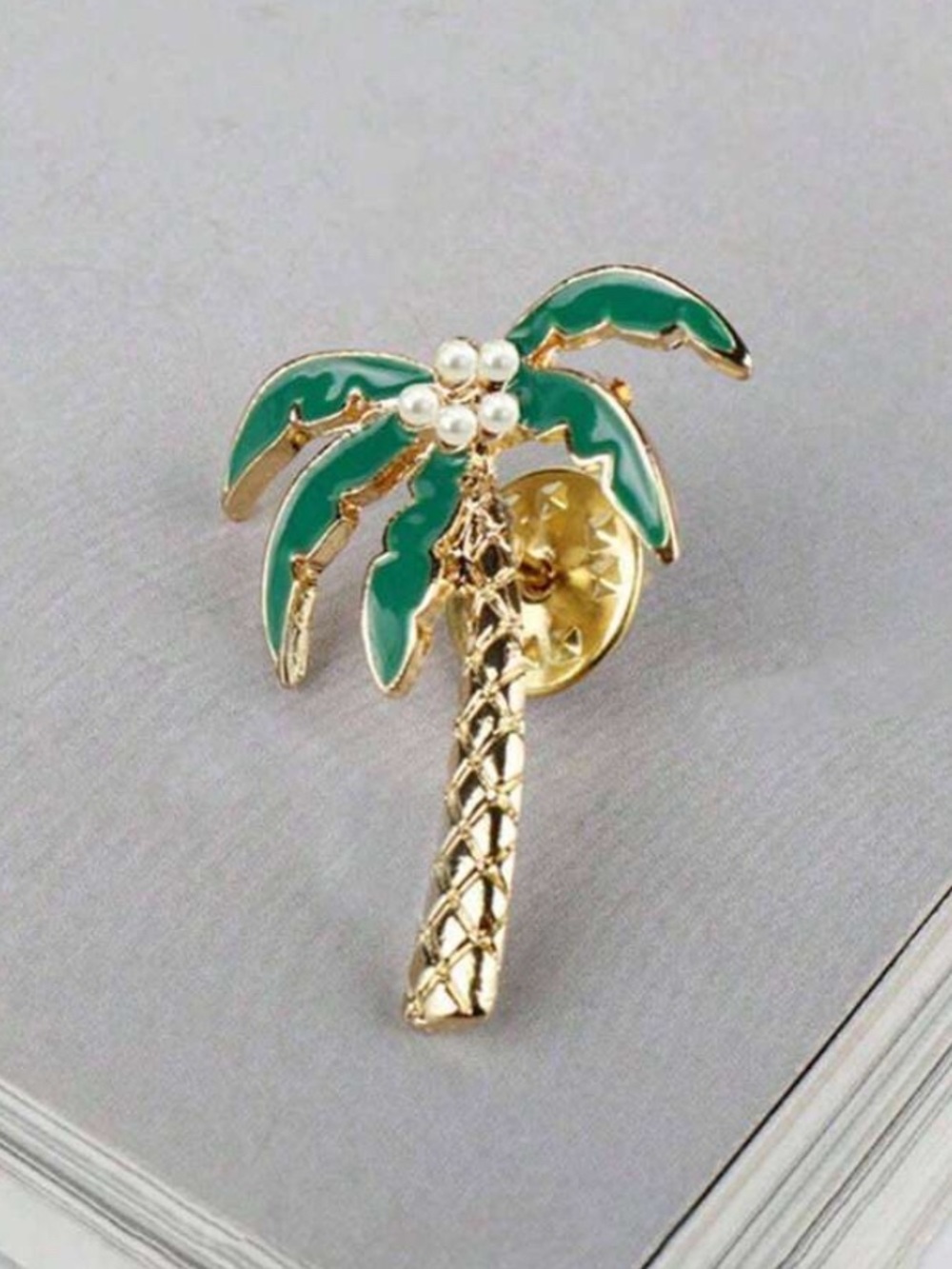Gold Palm Tree Brooch with Green Enamel and Pearl Accents